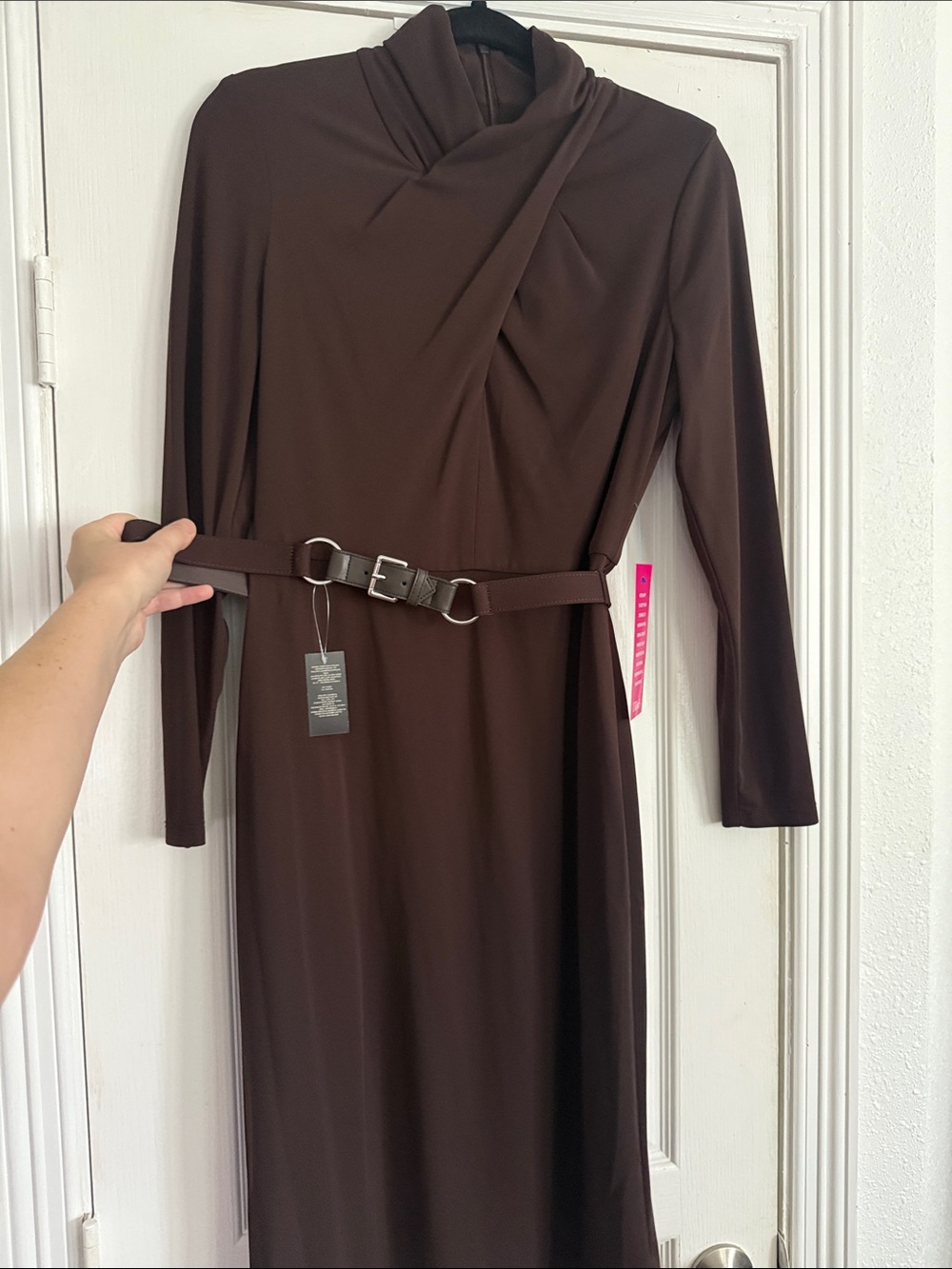 Ralph Lauren Women's Brown Long Sleeve Draped Midi Dress with Belt